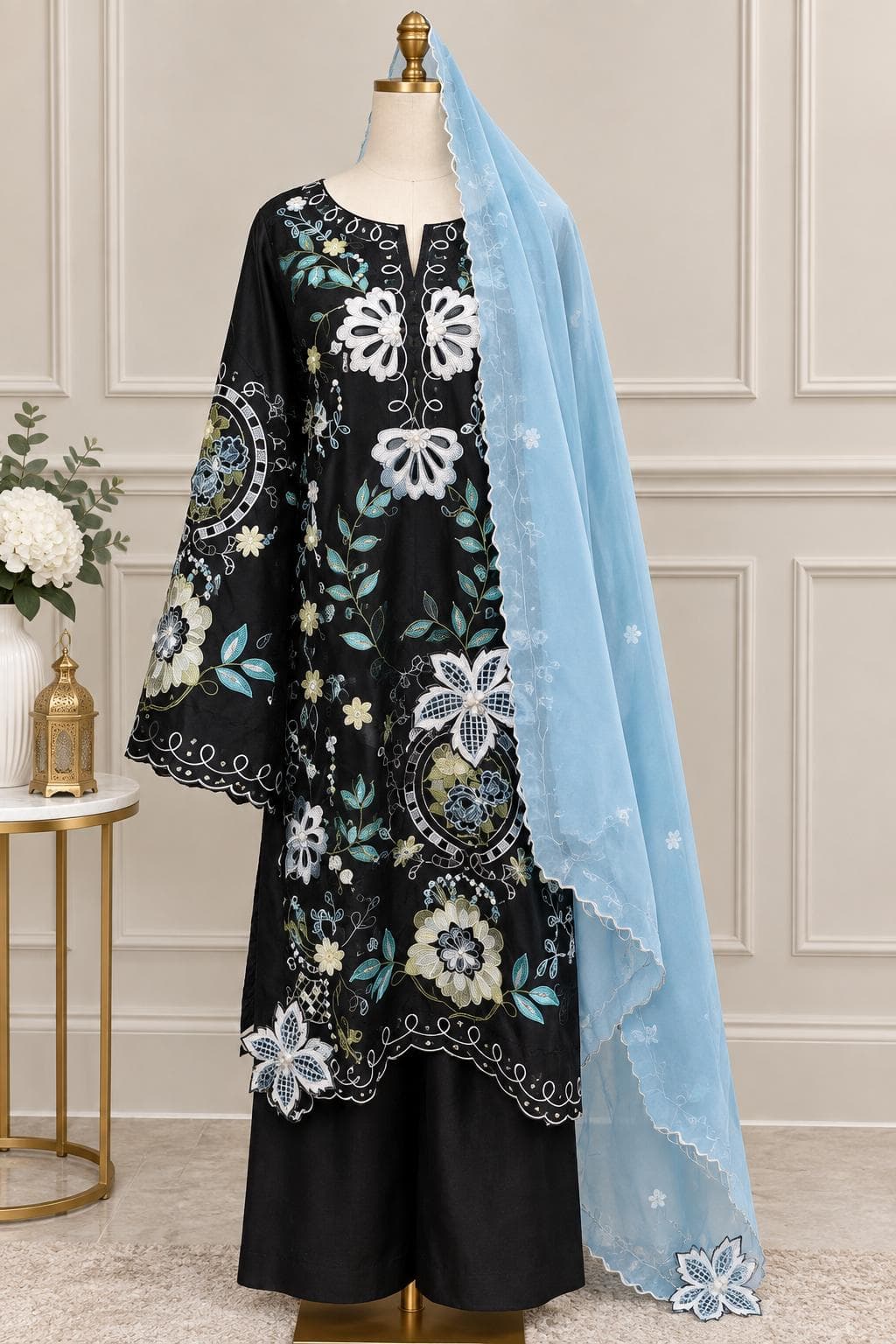 Black — Cutwork statement suit