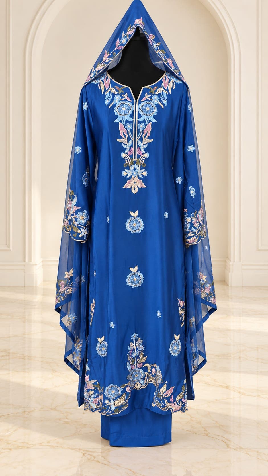 Dark Blue — Floral silk kaftan set