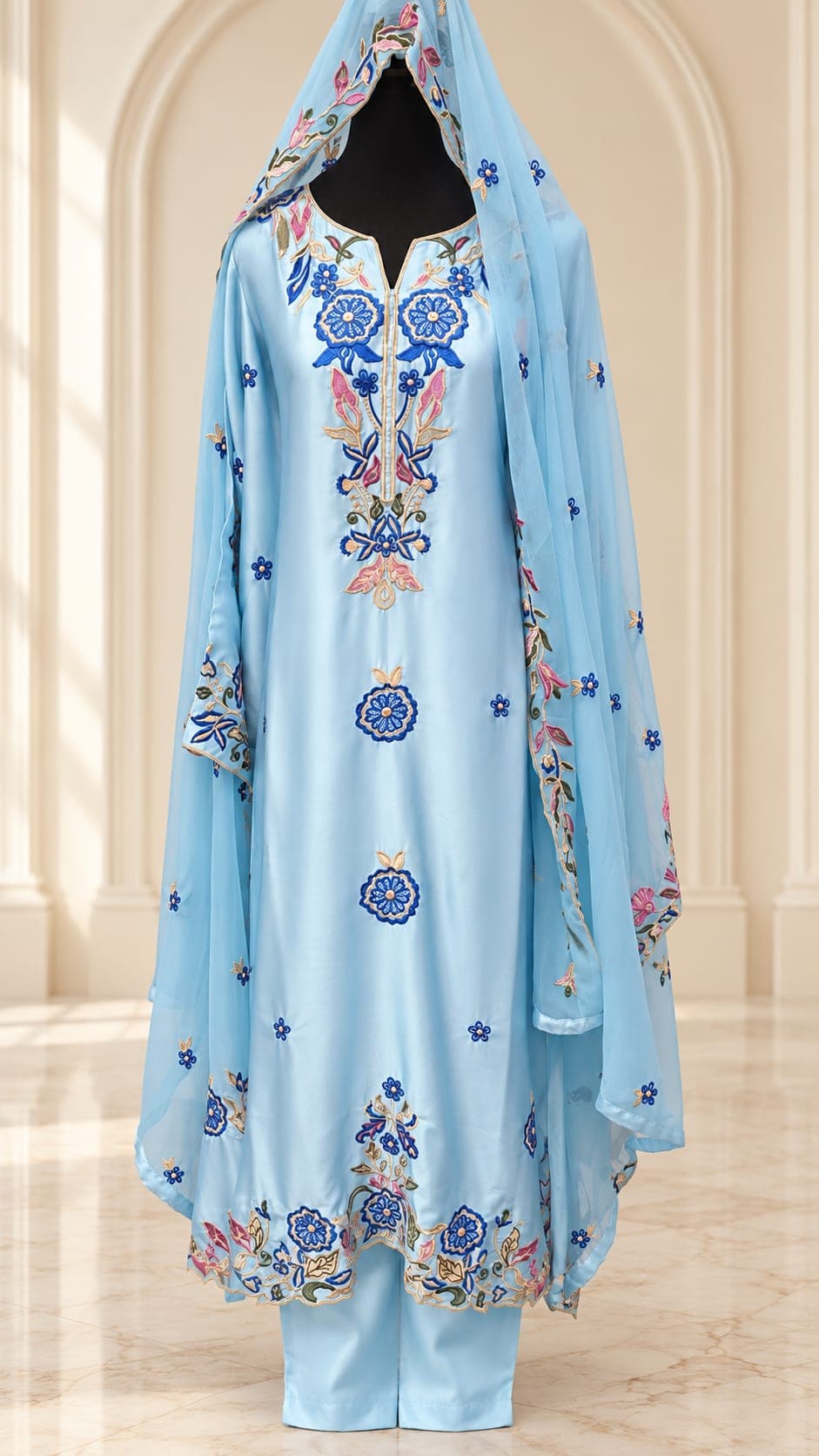 Light Blue — Floral silk kaftan set