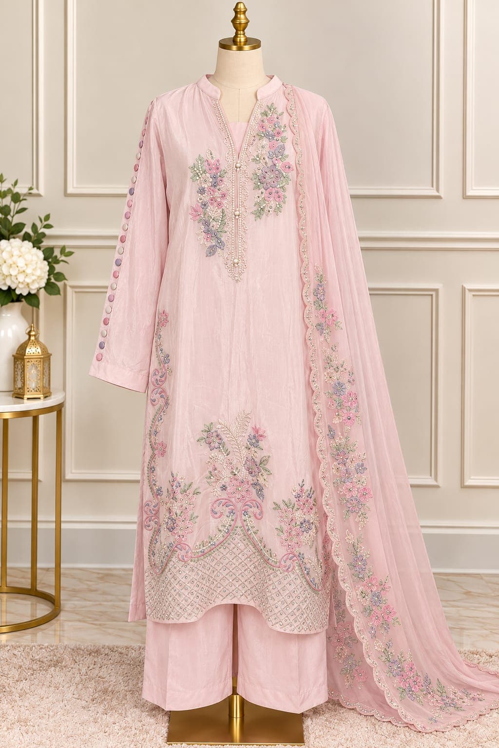 Blush Pink — Floral embroidered suit