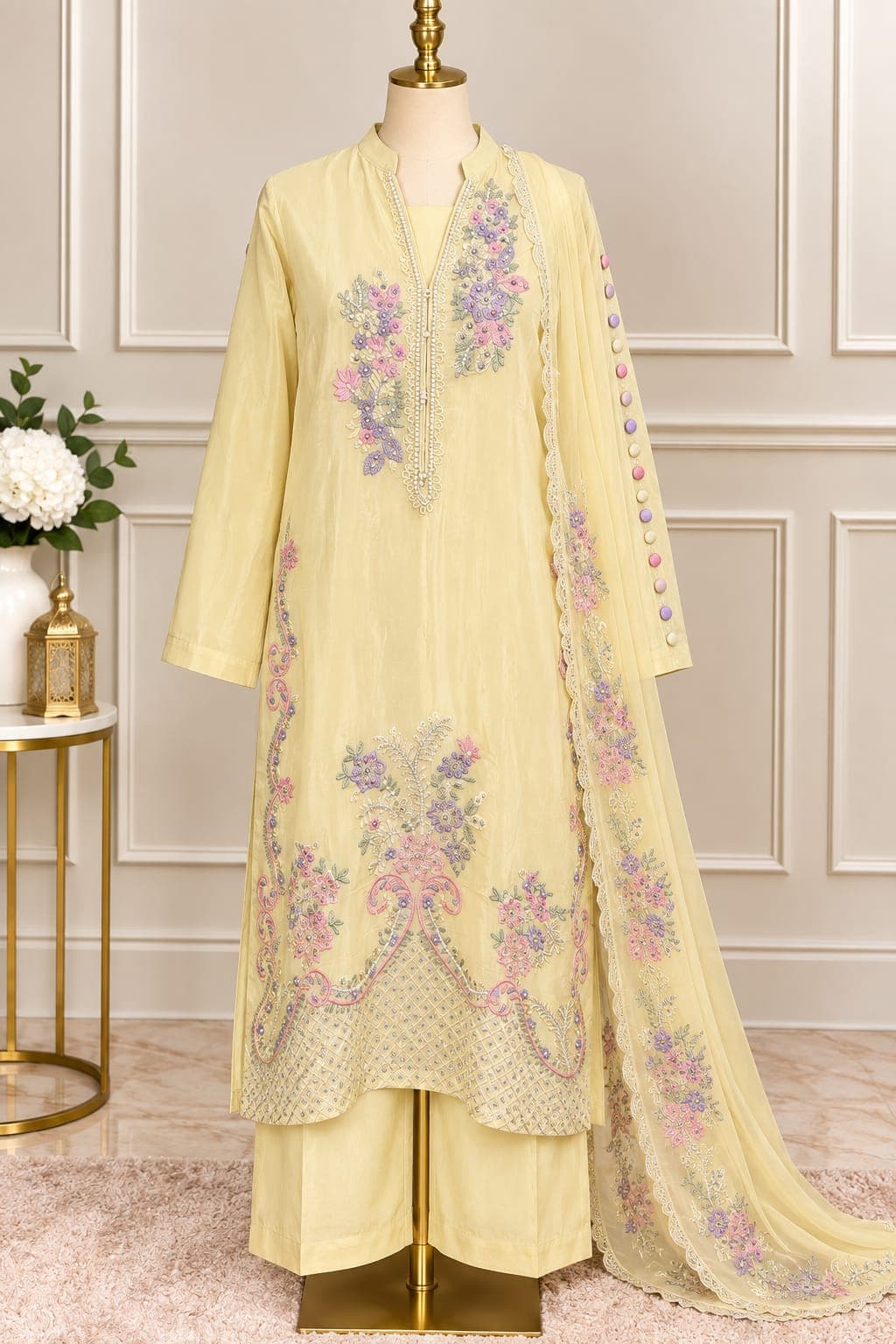Lemon Yellow — Floral embroidered suit