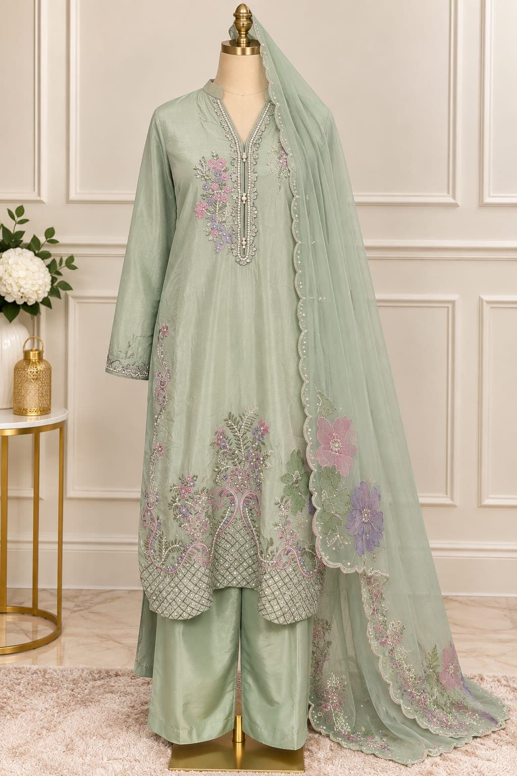 Mint — Floral embroidered suit